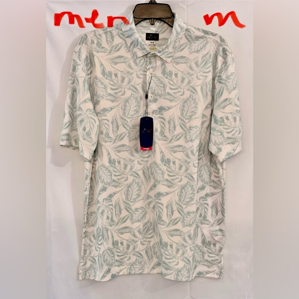 Greg Norman Collection White and Green Leaf Pattern Shirt